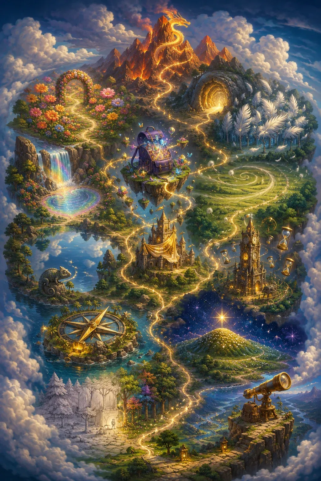Painted world of Emotierijk: fire, water, mountains, and blossom